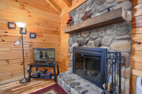 Interior looking toward the stone fireplace