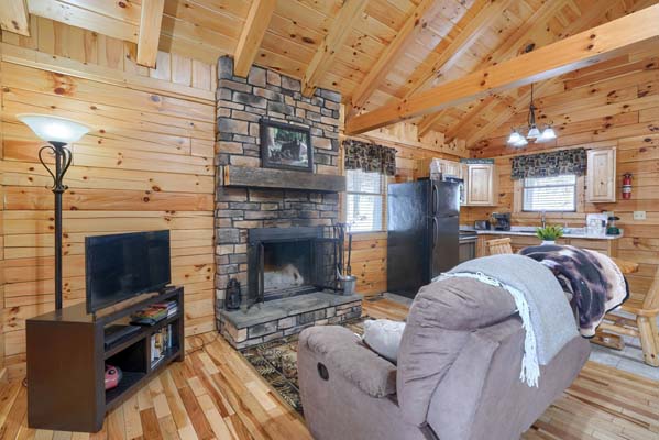 Stone fireplace in front of the sofa