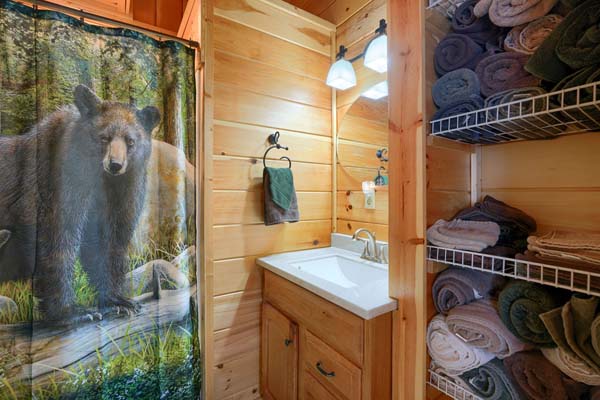 Bathroom with shelves, sink and shower