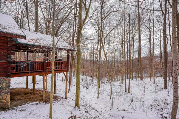 Elevated back deck looking over snowy ground