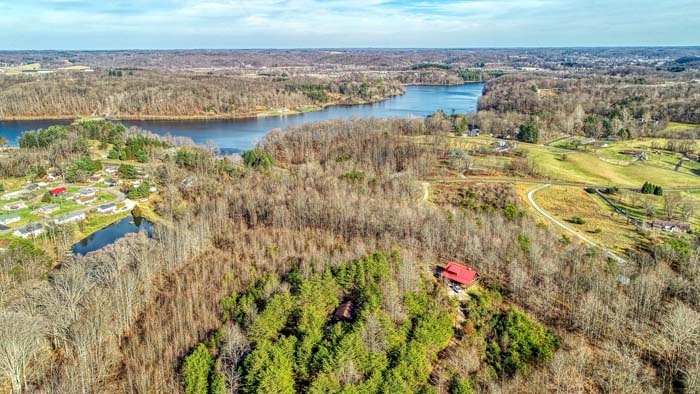 Aerial view of the wooded property
