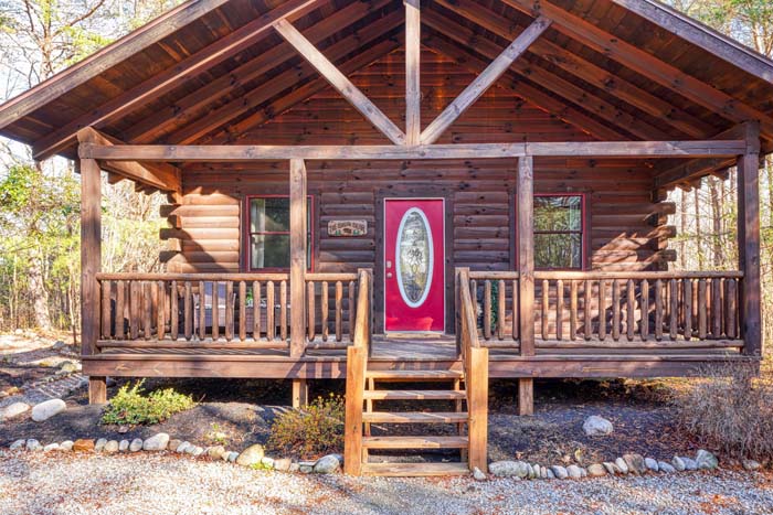 Secluded cabin surrounded by pines